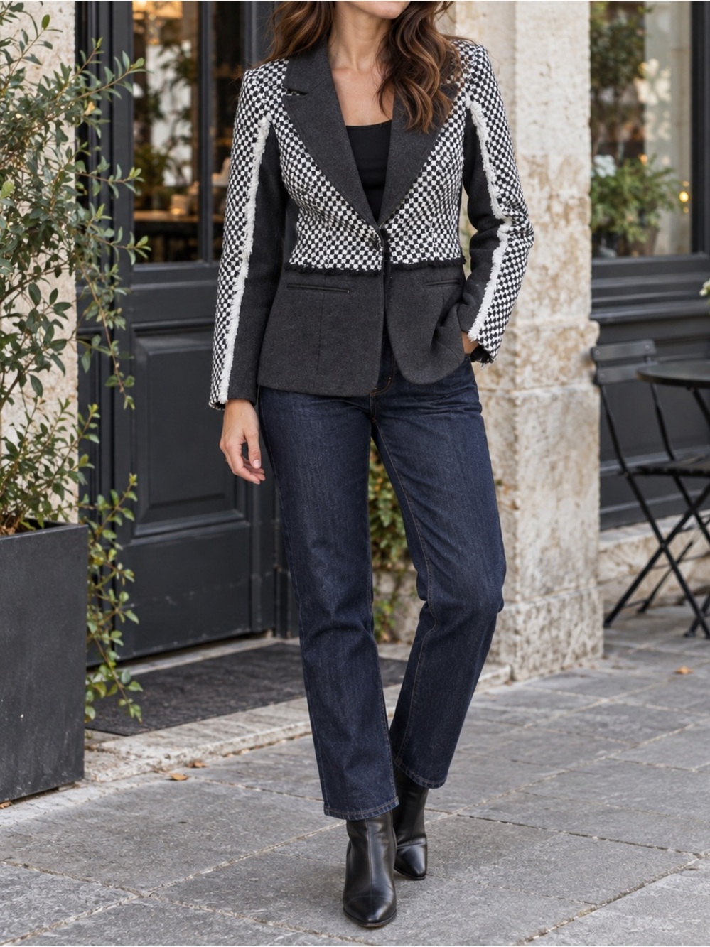Elizabeth Roberts Small Black White Tweed Contrast Blazer Fringe Trim Jacket